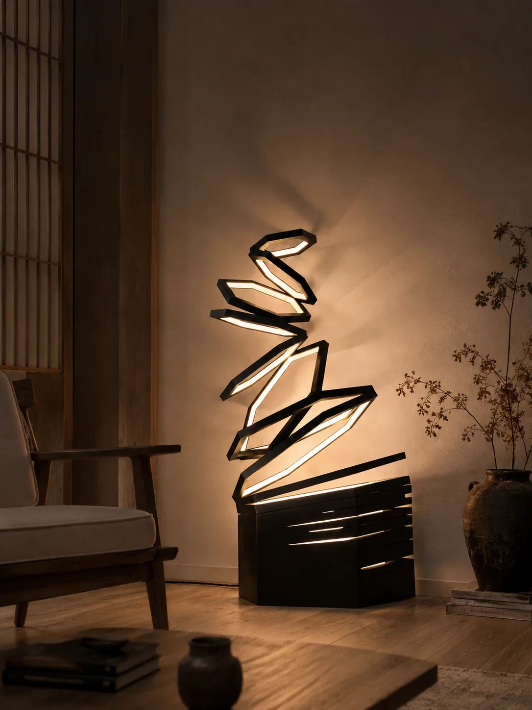 Sculptural lamp installed in an interior setting